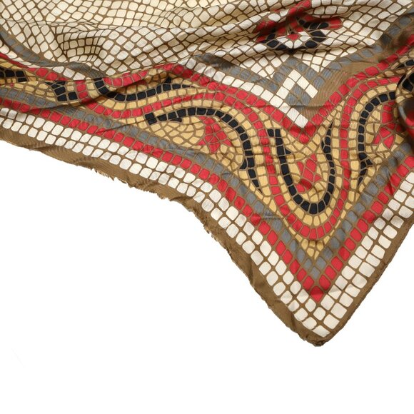 Vintage Geo Mosaic Square Silk Blend Scarf Beige Red Yellow Black - Picture 7 of 7